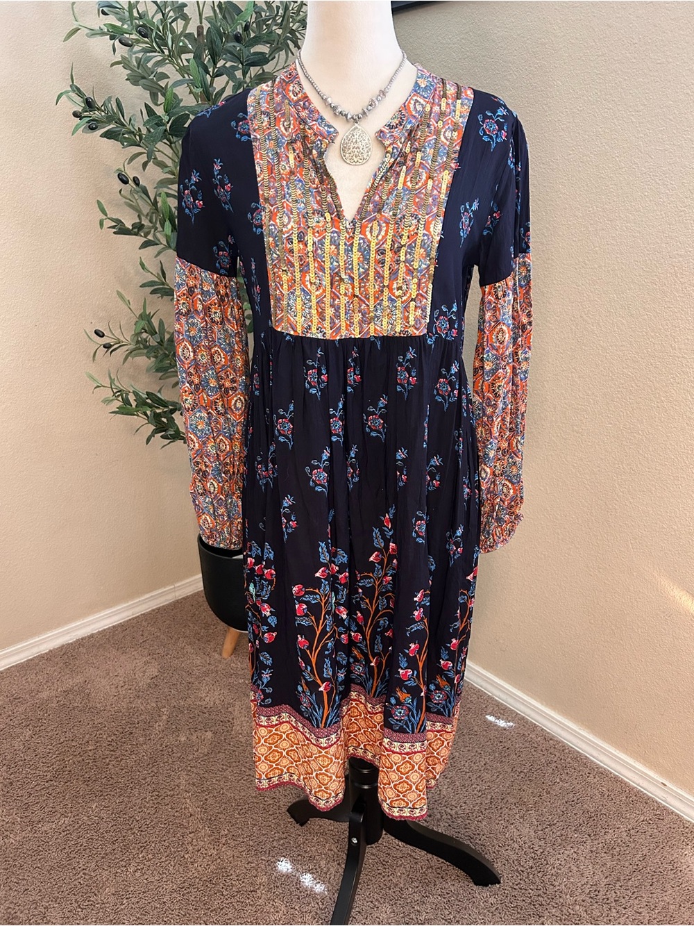 Soft Surroundings Navy Boho Patchwork Long-Sleeve Dress - Picture 10 of 10